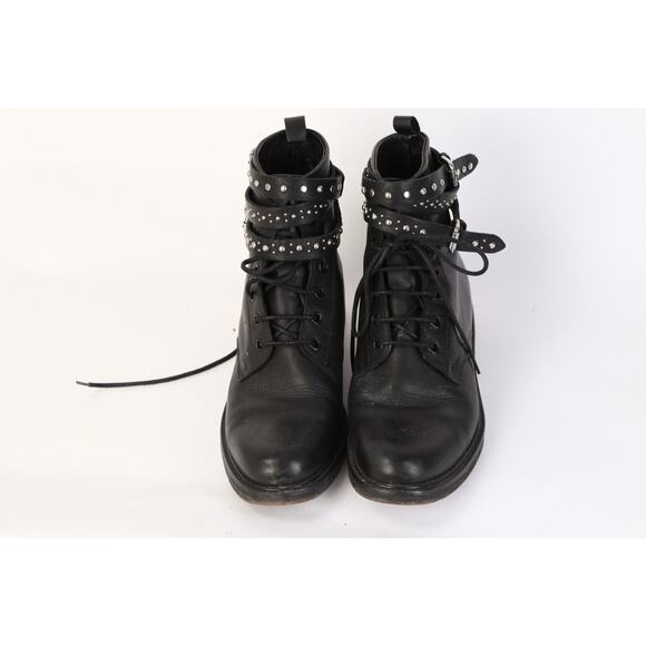 MAJE Black Leather Combat Moto Studded Lace Up Boots Booties Size 39 - Picture 5 of 13